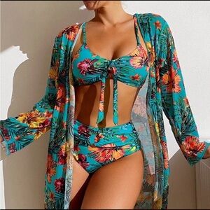 Women’s 3 Piece Tropical island theme swimsuit swimwear bikini set new